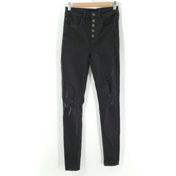 American Eagle Women's Black Skinny Ripped Jeans High Waiste Size‎ 2 - Picture 1 of 7